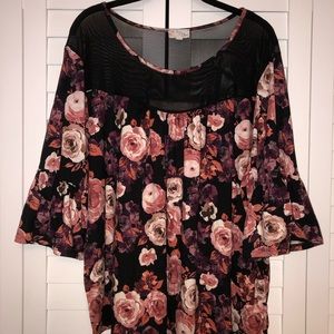 Mesh Multi Floral Blouse W/ Bell Sleeves